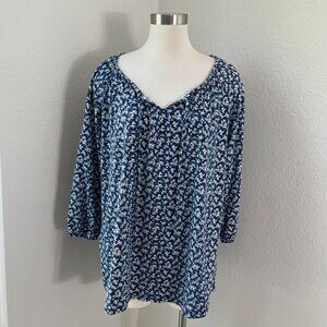 Lands End Womens XL Floral Blouse 3/4 Sleeve Tie Neck Shirt Top Stretch
